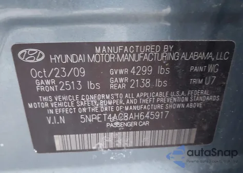 2010 Hyundai Sonata Gls from USA, damaged, VIN 5NPET4AC8AH645917